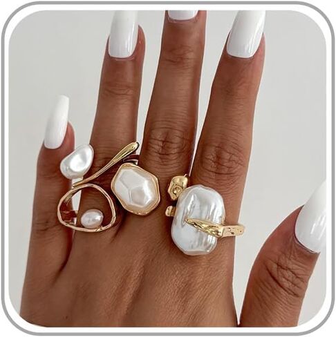 Chunky Gold Pearl Rings for Women Vintage Baroque Pearl Rings Set Open Stacking Pearls Ring Set Irregular Geometric Pearls Ring Boho Prom Costumes Fashion Jewelry Accessories in Saudi Arabia