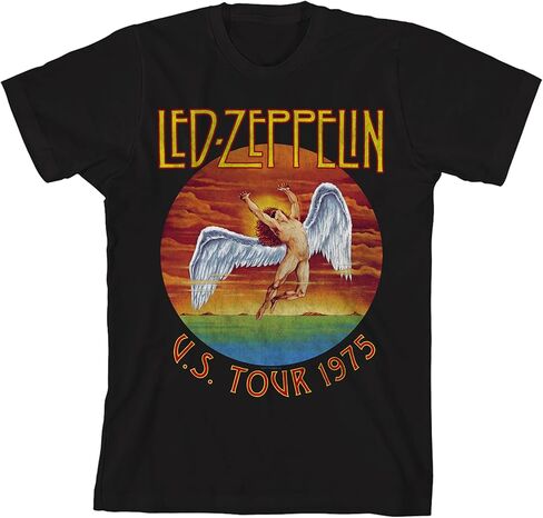 تي شيرت Led Zeppelin U.S. Tour 1975 بشعار الفرقة للأولاد أسود برقبة دائرية وأكمام قصيرة in Kuwait