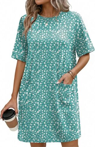 Ekouaer Cotton Nightgowns for Women Short Sleeve Sleep Shirts Crew Neck Night Dress Nightshirt with Pockets, Blue Green Floral, XL in Saudi Arabia