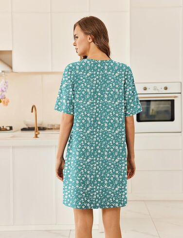 Ekouaer Cotton Nightgowns for Women Short Sleeve Sleep Shirts Crew Neck Night Dress Nightshirt with Pockets, Blue Green Floral, XL in Saudi Arabia