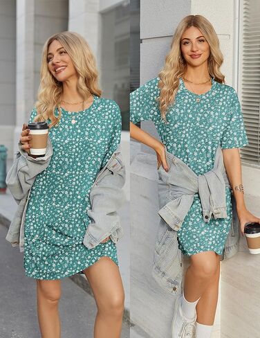 Ekouaer Cotton Nightgowns for Women Short Sleeve Sleep Shirts Crew Neck Night Dress Nightshirt with Pockets, Blue Green Floral, XL in Saudi Arabia