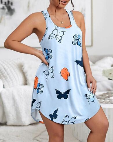 Plus Size Womens Butterfly Print Sleeveless Nightgown U Neck Loose Fit Sleep Dress Casual Comfortable Nightwear in Saudi Arabia