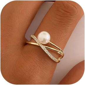 Pearl Ring for Women Cubic Zirconia Engagement Ring Gold Silver Rhinestone Statement Dainty Simple Finger Open Rings Dress Accessories Valentines Day Jewelry Gift for Her in Kuwait