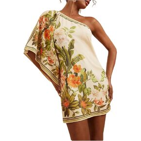 MakeMeChic Women's Boho Mini Dress Floral Ponchos Dolman Sleeve Dress One Shoulder Asymmetrical Loose Fit Flowy Dress in Saudi Arabia