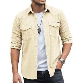Men's Corduroy Snap Button Down Shirt Jacket Western Long Sleeve Shacket Lightweight Overshirt with Flap Pockets in Saudi Arabia