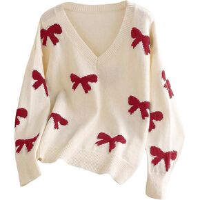 Floerns Women's Plus Size Bow Sweater V Neck Long Sleeve Knit Pullover Sweaters in Saudi Arabia