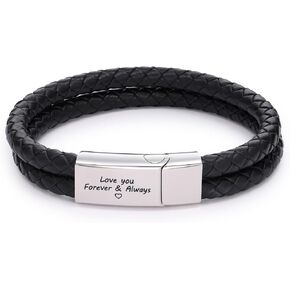 Sett&Co - Personalized Engraved Black Leather Bracelet - Stainless Steel or 18K Gold Plating - Custom Inscription - Engraved Jewelry for Him, Men, Dad - Dainty Gift For Valentine's Day, Christmas, Father's Day, Anniversary in Saudi Arabia