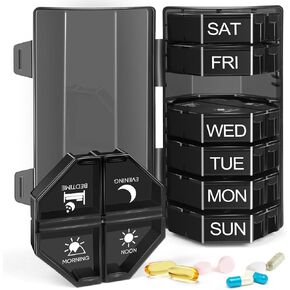 Weekly Pill Organizer 4 Times a Day, 7 Day Travel Pill Box with 28 Large Compartments Daily Pill Case, Portable Pill Container Medicine Organizer Vitamin Holder for Supplement (Black) in Saudi Arabia