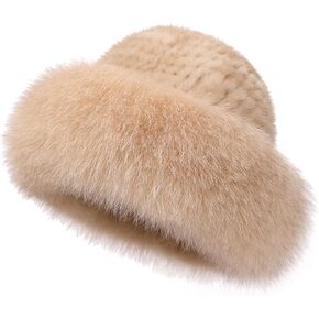 MH Bailment Women's Winter Fur Hats Genuine Mink Fur Hat with Fox Fur Brim Trimmed Warm Fashion Hats in Saudi Arabia