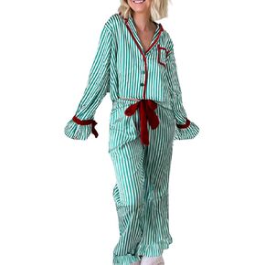 Faretumiya Cute Christmas Pajamas Women Bow Tie Long Sleeve Shirt Pants Pj Set Xmas Graphic Print 2 Piece Satin Sleepwear in Saudi Arabia