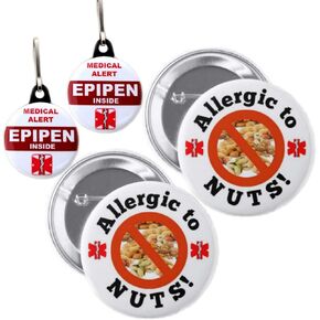 Allergic to Nuts Button Pin 2.25 inches 2pcs and Medical Alert Epipen Inside Bag Tag Set 1.25 inches 2pcs in Saudi Arabia