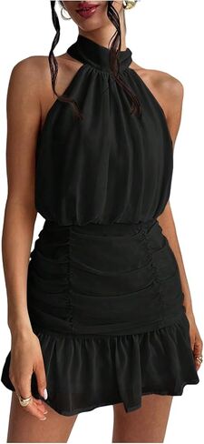 MakeMeChic Women's Ruched Halter Dress Tie Back Ruffle Sleeveless Bodycon Mini Dresses in Saudi Arabia
