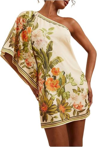 MakeMeChic Women's Boho Mini Dress Floral Ponchos Dolman Sleeve Dress One Shoulder Asymmetrical Loose Fit Flowy Dress in Saudi Arabia