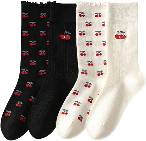 OYOANGLE Women's 4 Pair Cute Cherry Crew Socks Knitted Mid Calf Socks Breathable Casual Sock in Saudi Arabia