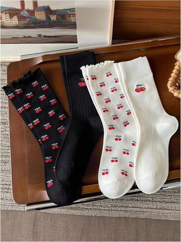 OYOANGLE Women's 4 Pair Cute Cherry Crew Socks Knitted Mid Calf Socks Breathable Casual Sock in Saudi Arabia