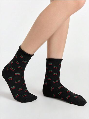 OYOANGLE Women's 4 Pair Cute Cherry Crew Socks Knitted Mid Calf Socks Breathable Casual Sock in Saudi Arabia