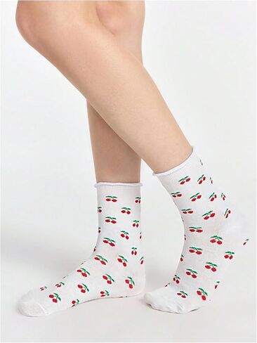 OYOANGLE Women's 4 Pair Cute Cherry Crew Socks Knitted Mid Calf Socks Breathable Casual Sock in Saudi Arabia