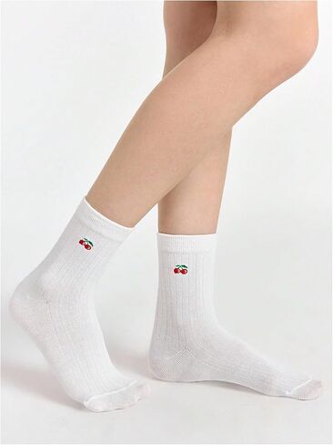 OYOANGLE Women's 4 Pair Cute Cherry Crew Socks Knitted Mid Calf Socks Breathable Casual Sock in Saudi Arabia