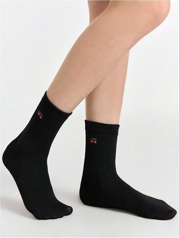 OYOANGLE Women's 4 Pair Cute Cherry Crew Socks Knitted Mid Calf Socks Breathable Casual Sock in Saudi Arabia