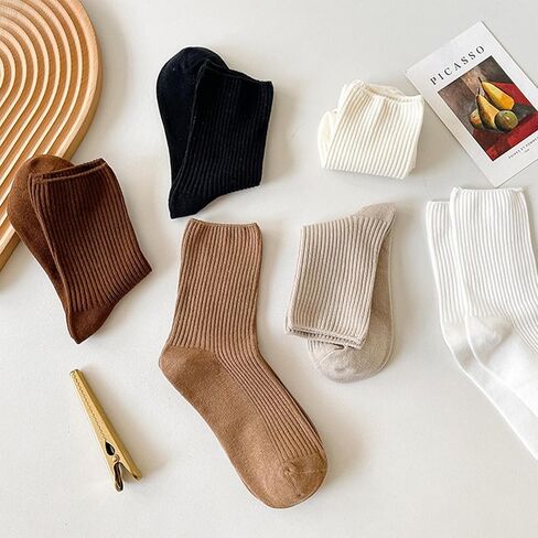 6 Pair Women's Crew Socks, Cotton Long Without Elastic Waistband, Breathable Ladies Colorful Socks for Leisure and Sports in Saudi Arabia