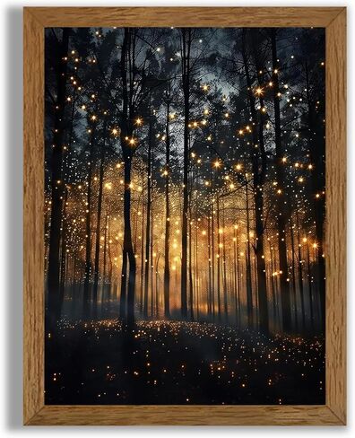JLTULT Framed Enchanted Forest Firefly Canvas Wall Art, Dark ​Twilight Landscape Wall Decor, Rustic Botanical Nature Tree Art Prints for Bedroom Living Room Office Decoration 8x10 inch Easy to Hang in Saudi Arabia