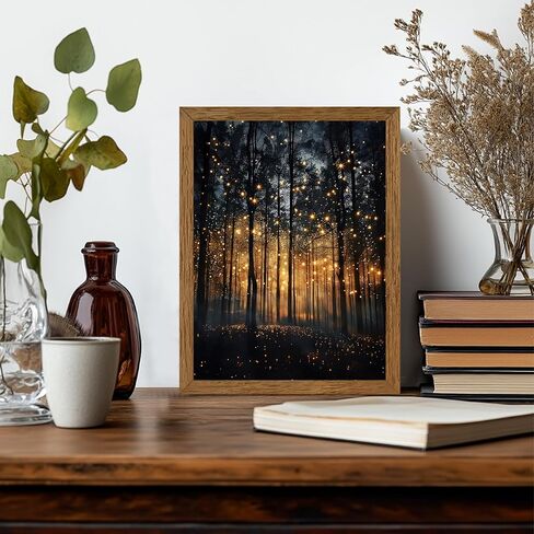 JLTULT Framed Enchanted Forest Firefly Canvas Wall Art, Dark ​Twilight Landscape Wall Decor, Rustic Botanical Nature Tree Art Prints for Bedroom Living Room Office Decoration 8x10 inch Easy to Hang in Saudi Arabia