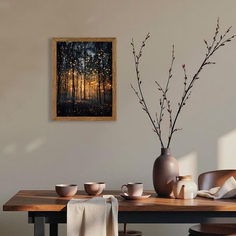 JLTULT Framed Enchanted Forest Firefly Canvas Wall Art, Dark ​Twilight Landscape Wall Decor, Rustic Botanical Nature Tree Art Prints for Bedroom Living Room Office Decoration 8x10 inch Easy to Hang in Saudi Arabia