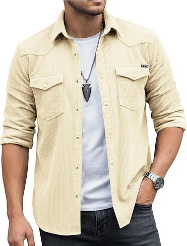 Men's Corduroy Snap Button Down Shirt Jacket Western Long Sleeve Shacket Lightweight Overshirt with Flap Pockets in Saudi Arabia