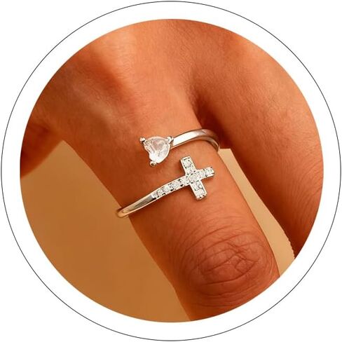 Sora Tuki Gold Cross Rings for Women Silver Adjustable Rings for Women Cubic Zirconia Heart Cross Purity Ring Dainty Stackable Ring for Women Christian Religious Jewelry in Saudi Arabia