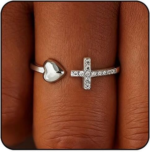 Sora Tuki Gold Cross Rings for Women Silver Adjustable Rings for Women Cubic Zirconia Heart Cross Purity Ring Dainty Stackable Ring for Women Christian Religious Jewelry in Saudi Arabia