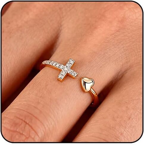 Sora Tuki Gold Cross Rings for Women Silver Adjustable Rings for Women Cubic Zirconia Heart Cross Purity Ring Dainty Stackable Ring for Women Christian Religious Jewelry in Saudi Arabia