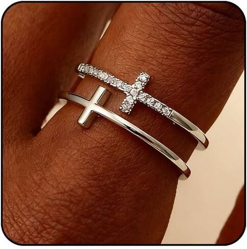 Sora Tuki Gold Cross Rings for Women Silver Adjustable Rings for Women Cubic Zirconia Heart Cross Purity Ring Dainty Stackable Ring for Women Christian Religious Jewelry in Saudi Arabia