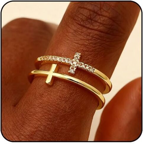 Sora Tuki Gold Cross Rings for Women Silver Adjustable Rings for Women Cubic Zirconia Heart Cross Purity Ring Dainty Stackable Ring for Women Christian Religious Jewelry in Saudi Arabia