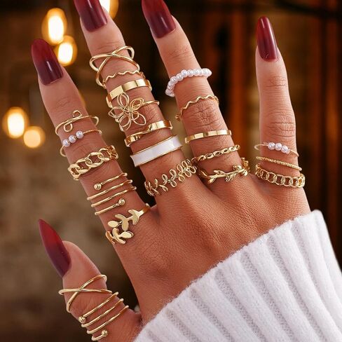 Stackable Ring Set for Women Adjustable Knuckle Rings with Pearl Floral Sun Moon Designs for Party Daily Fashion Styling in Saudi Arabia