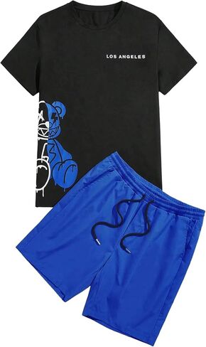 Men's Letter Graphic Print T Shirts Short Sleeve Top and Shorts Casual Two Piece Sets in Saudi Arabia