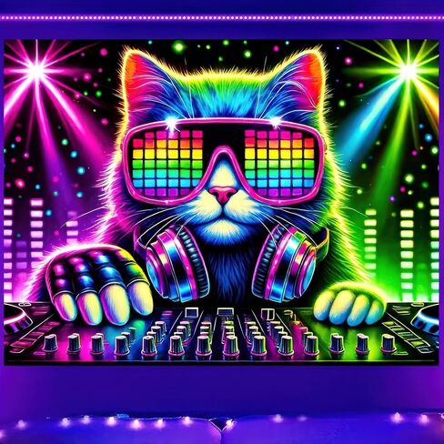 BlissYard Cat Blacklight DJ Tapestry 78x59 بوصة الأشعة فوق البنفسجية التفاعلية ضوء أسود موسيقى يتوهج في الظلام ملصق جدار هيبي للأشعة فوق البنفسجية لتزيين غرفة النوم وغرفة المعيشة والأعمال الفنية وغرفة المنزل وخلفية الحفلات in Kuwait