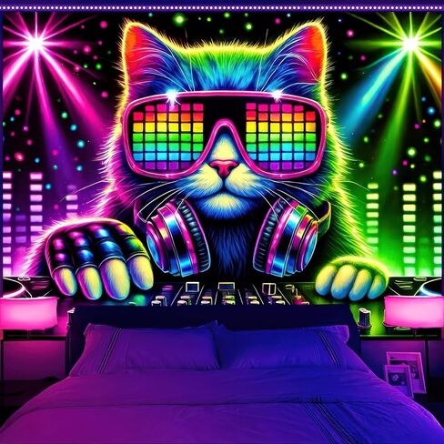 BlissYard Cat Blacklight DJ Tapestry 78x59 بوصة الأشعة فوق البنفسجية التفاعلية ضوء أسود موسيقى يتوهج في الظلام ملصق جدار هيبي للأشعة فوق البنفسجية لتزيين غرفة النوم وغرفة المعيشة والأعمال الفنية وغرفة المنزل وخلفية الحفلات in Kuwait