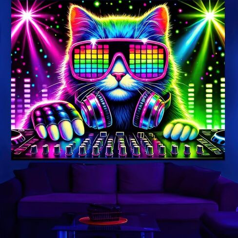 BlissYard Cat Blacklight DJ Tapestry 78x59 بوصة الأشعة فوق البنفسجية التفاعلية ضوء أسود موسيقى يتوهج في الظلام ملصق جدار هيبي للأشعة فوق البنفسجية لتزيين غرفة النوم وغرفة المعيشة والأعمال الفنية وغرفة المنزل وخلفية الحفلات in Kuwait