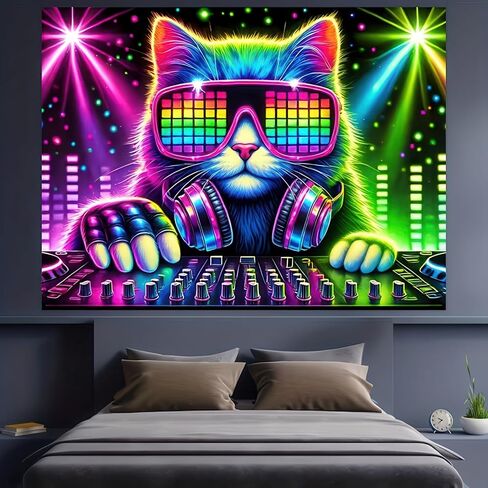 BlissYard Cat Blacklight DJ Tapestry 78x59 بوصة الأشعة فوق البنفسجية التفاعلية ضوء أسود موسيقى يتوهج في الظلام ملصق جدار هيبي للأشعة فوق البنفسجية لتزيين غرفة النوم وغرفة المعيشة والأعمال الفنية وغرفة المنزل وخلفية الحفلات in Kuwait