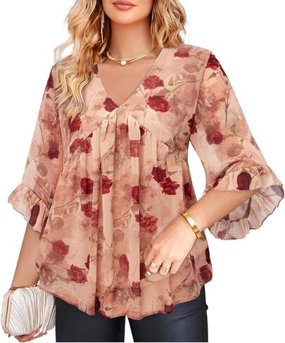 Amrto Womens Tops Plus Size Fashion Chiffon Blouses 3/4 Sleeve Ruffle Dressy Casual Cocktail Party Business Wedding in Kuwait