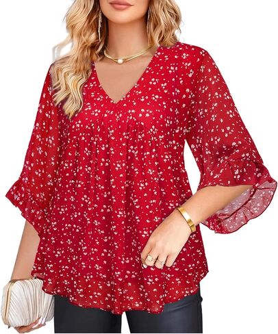 Amrto Womens Tops Plus Size Fashion Chiffon Blouses 3/4 Sleeve Ruffle Dressy Casual Cocktail Party Business Wedding in Kuwait