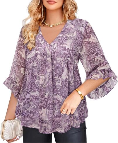 Amrto Womens Tops Plus Size Fashion Chiffon Blouses 3/4 Sleeve Ruffle Dressy Casual Cocktail Party Business Wedding in Kuwait