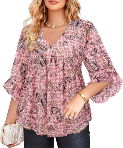 Amrto Womens Tops Plus Size Fashion Chiffon Blouses 3/4 Sleeve Ruffle Dressy Casual Cocktail Party Business Wedding in Kuwait