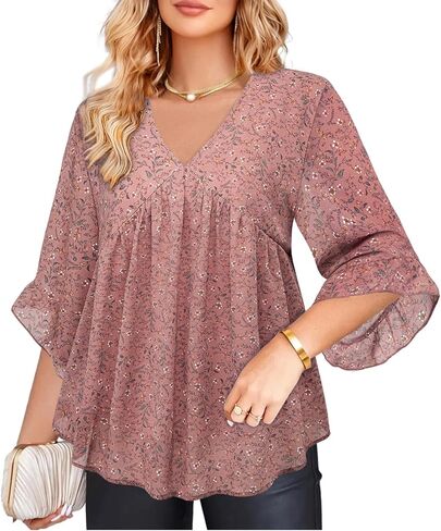 Amrto Womens Tops Plus Size Fashion Chiffon Blouses 3/4 Sleeve Ruffle Dressy Casual Cocktail Party Business Wedding in Kuwait