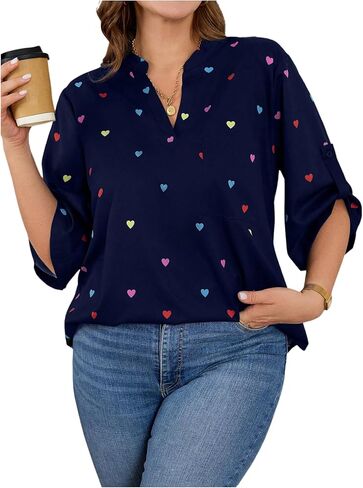 Floerns Women's Plus Size Heart Print Blouse Notch V Neck Half Sleeve Tunic Shirts in Saudi Arabia