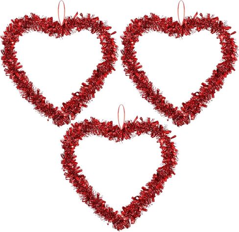 6 Pcs Valentine Heart Shaped Wreaths 12 Inch Red Tinsel Heart Garland with Glitter and Foil Accents, Valentine's Day Door Wall Hanging Decorations for Home Wedding Party in Kuwait