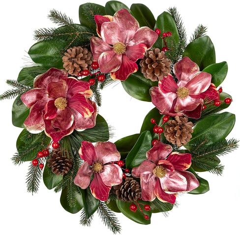 Briful 24in Christmas Magnolia Flower Wreath for Front Door Artificial Red Magnolia Floral Wreath with Pine Cones Berries Outdoor Christmas Wreath for Xmas Home Room Wall Window Mantle Decor in Saudi Arabia
