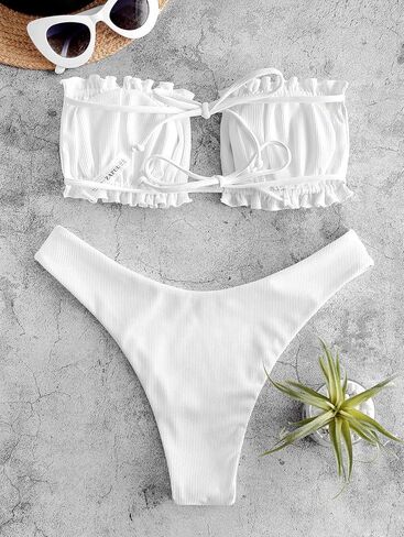 ZAFUL Women's Strapless Bikini Ribbed Tie Back Ruffle Cutout Bandeau Bikini Set Swimsuit (0-White, S) in Saudi Arabia