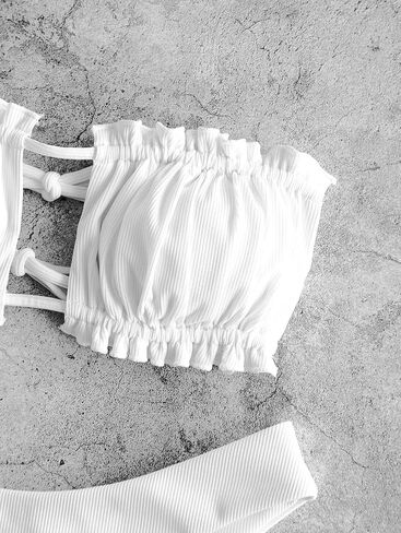 ZAFUL Women's Strapless Bikini Ribbed Tie Back Ruffle Cutout Bandeau Bikini Set Swimsuit (0-White, S) in Saudi Arabia