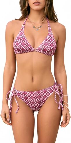 CUPSHE Women's Sexy Bikini Set Two Piece Swimsuit V Neck Halter Strap Bathing Suit Open Back Mid Rise Side Self Tie in Saudi Arabia